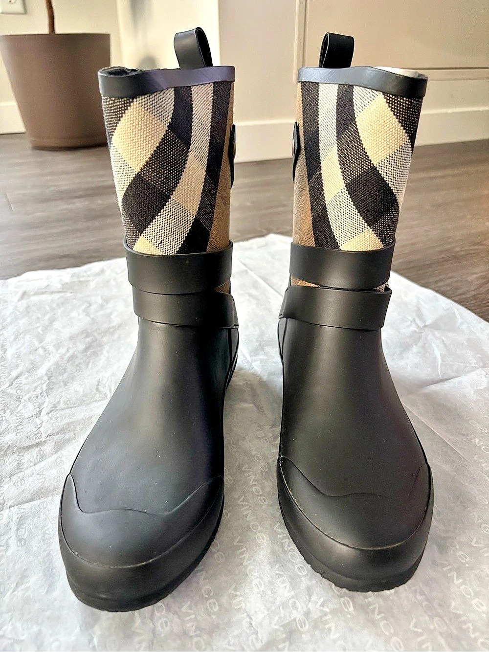 Burberry Rubber Boots Plaid Black & Brown